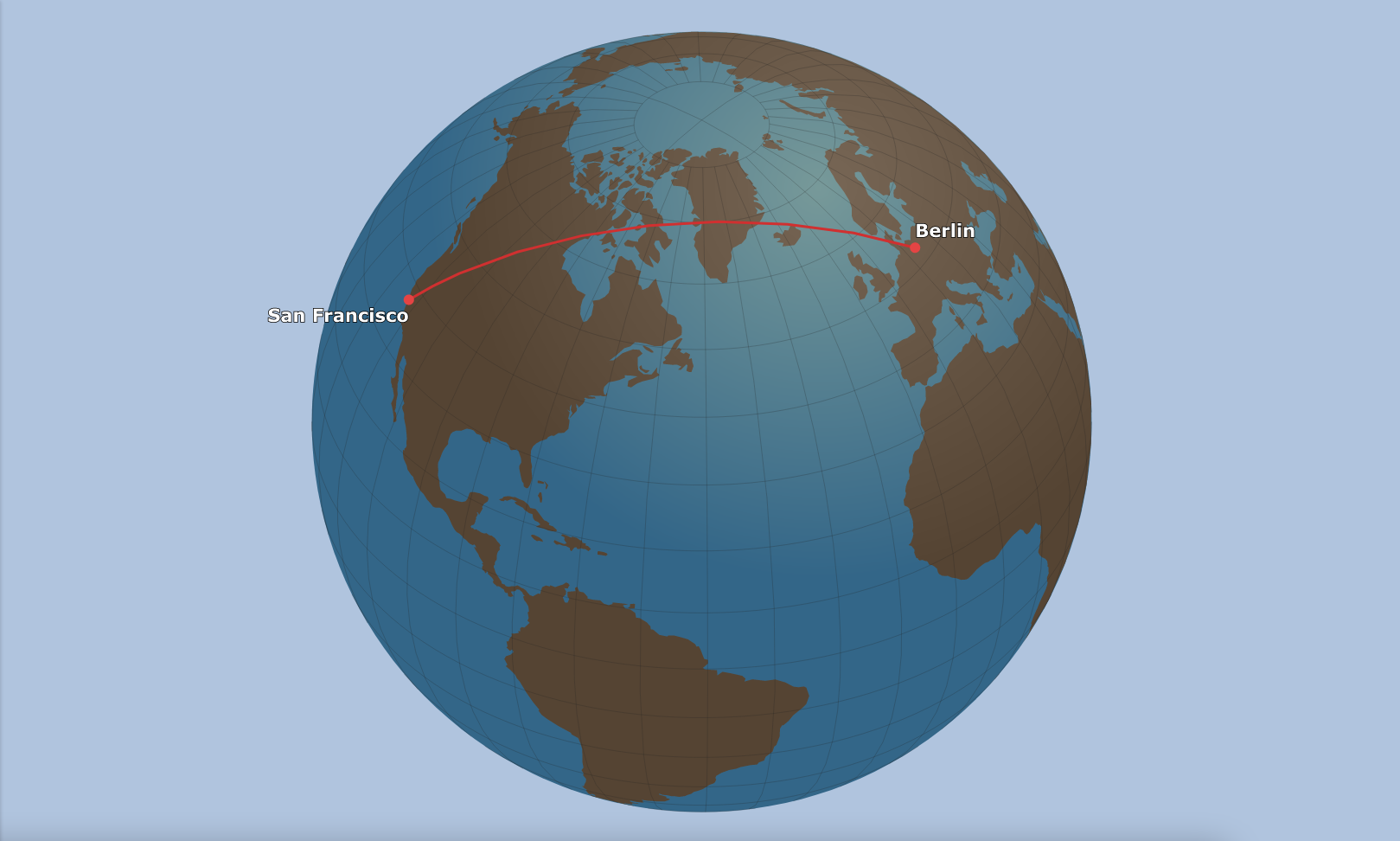 Map showing the Great Circle Route From Berlin to San Francisco