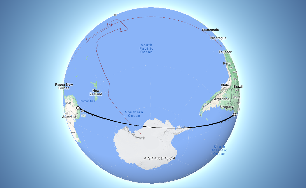 Globe view with Great Circle route from Canberra to Rio