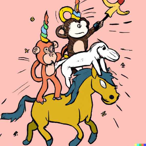 Monkeys riding a unicorn - created using DALLE2 AI engine.